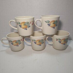Set of 5 CorningWare Fruit Pattern Coffee Mugs Vintage Stoneware Kitchen Cups